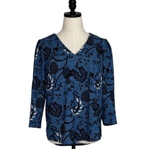 Mellowday Print V-neck Blouse Blue, Black and White Zip Closure in Back Size Med
